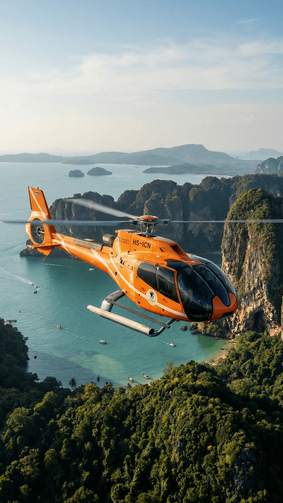 Helicopter flying about karst and clear turquoise waters