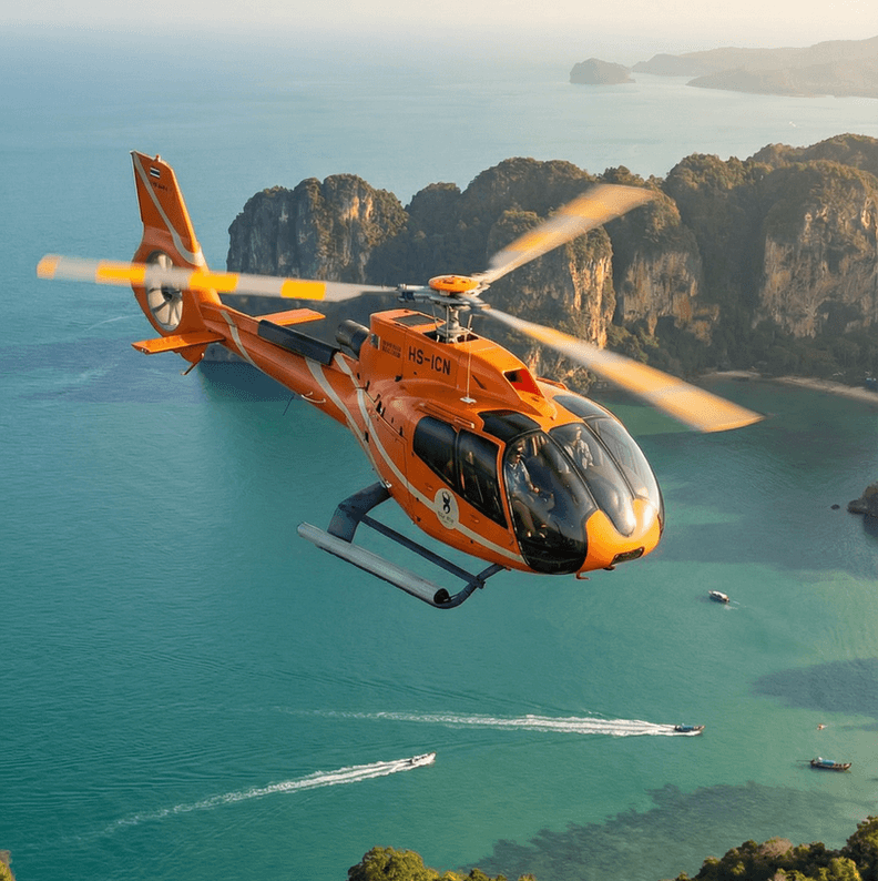 Aerial view of Silk Sky Air helicopter over Phuket